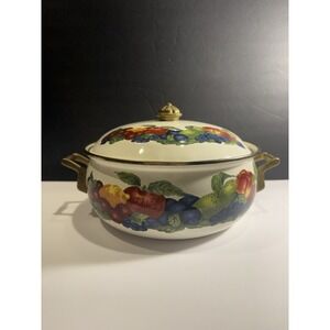 Vintage Lincoware Fruit Enamel Covered Casserole Dish Brass Handles 10"